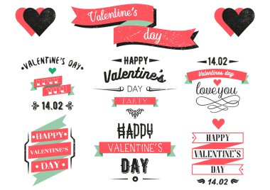 Sevgililer günü yazı kartları. Etiketleri ve logosu. Süsler, kupa, şerit. Vektör çizim.