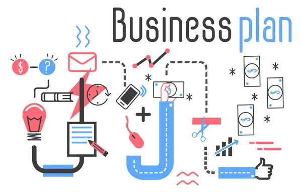 Concepto de vector de plan de negocio en diseño de línea plana. Planificación financiera, procesos de negocio y gestión, análisis — Vector de stock