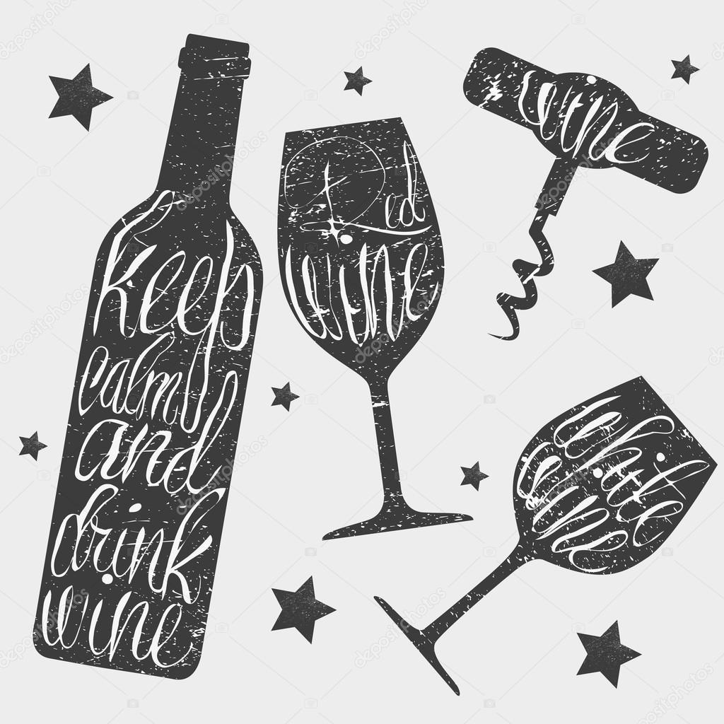 Wine bottle, glass and corkscrew vector illustration in vintage style. Hand drawn chalkboard. Chalk lettering.