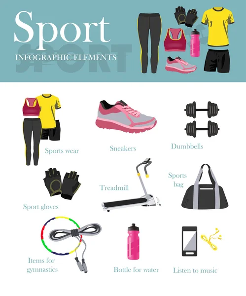 Fitness geïsoleerd iconen set en banner. Sportuitrusting en accessoires. Opleiding concept vectorillustratie. — Stockvector