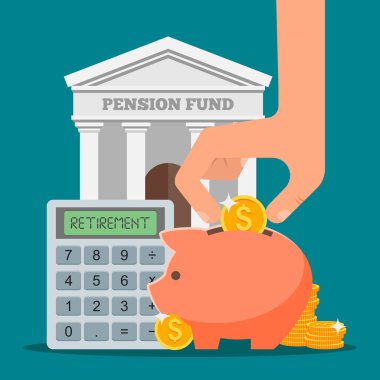 Pension fund concept vector illustration in flat style design. Finance investment and saving background with bank building, money coins. clipart