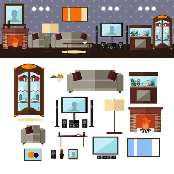Ruang tamu interior dengan furnitur. Vektor ilustrasi dengan gaya datar. Elemen dan ikon desain rumah yang berhubungan - Stok Vektor