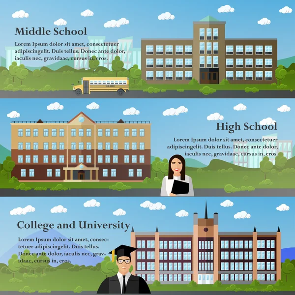 Iskolai és egyetemi épületek vektoros illusztráció lapos stílusban. Oktatási koncepció bannerek, látványelemek — Stock Vector