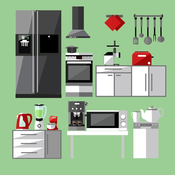 Conjunto de aparelhos de cozinha moderna. Ilustração vetorial em design de estilo plano. Elementos de design e ícones, utensílios, ferramentas. Mobiliário . —  Vetores de Stock
