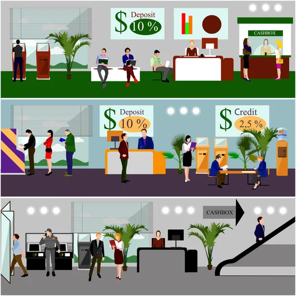 Horizontale vector banners met bank interieurs. Financiën en geld concept. Platte cartoon afbeelding — Stockvector