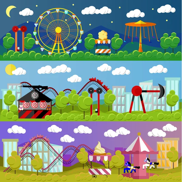 Illustrazione vettoriale del concetto di banner del parco divertimenti in stile piatto. Fiera cittadina. Scivoli e altalene, giostre, attrazioni — Vettoriale Stock