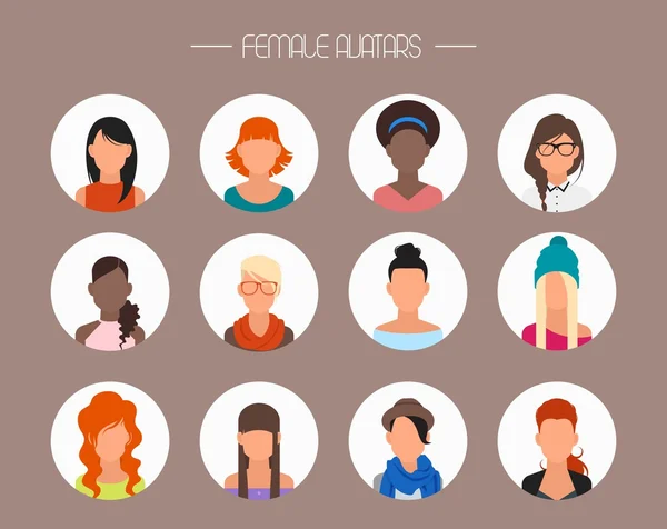 Ensemble vectoriel d'icônes avatar féminines. Personnages de style plat. Des visages aux styles et nationalités différents . — Image vectorielle