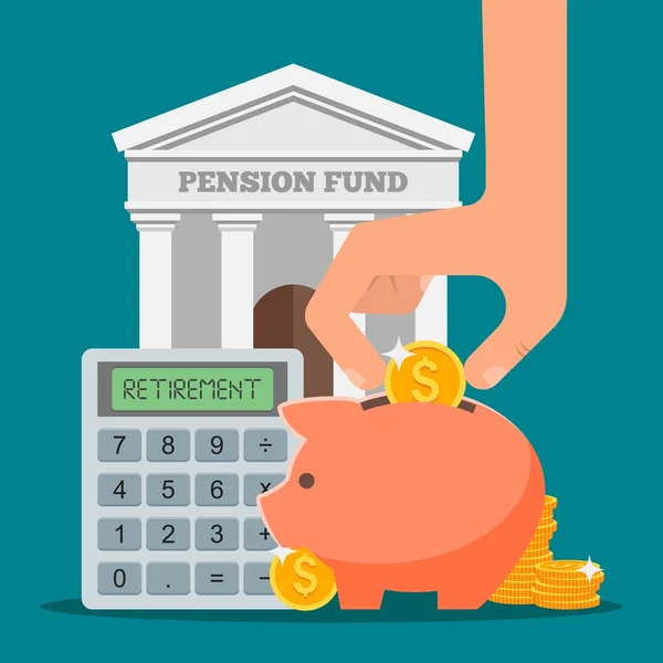Pension fund concept vector illustration in flat style design. Investimento financeiro e fundo de poupança com edifício bancário, moedas de dinheiro . —  Vetores de Stock