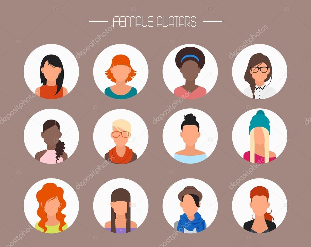 Female avatar icons vector set. People characters in flat style. Faces with different styles and nationalities.