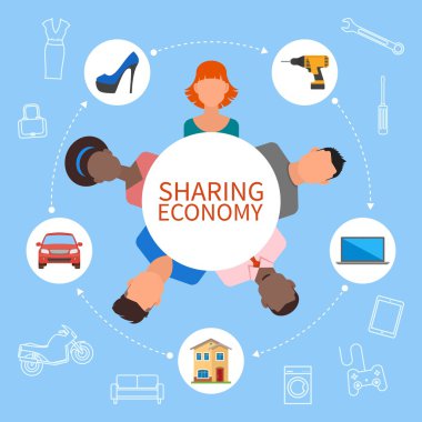 Sharing economy and smart consumption concept. Vector illustration in flat style. People save money, share resources clipart