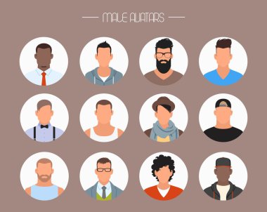 Male avatar icons vector set. People characters in flat style. Faces with different styles and nationalities. clipart