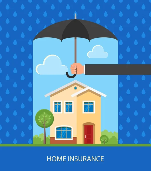 Heimatschutzkonzept. Vektorillustration in flachem Design. Hand hält Regenschirm, um Haus vor Regen zu schützen — Stockvektor