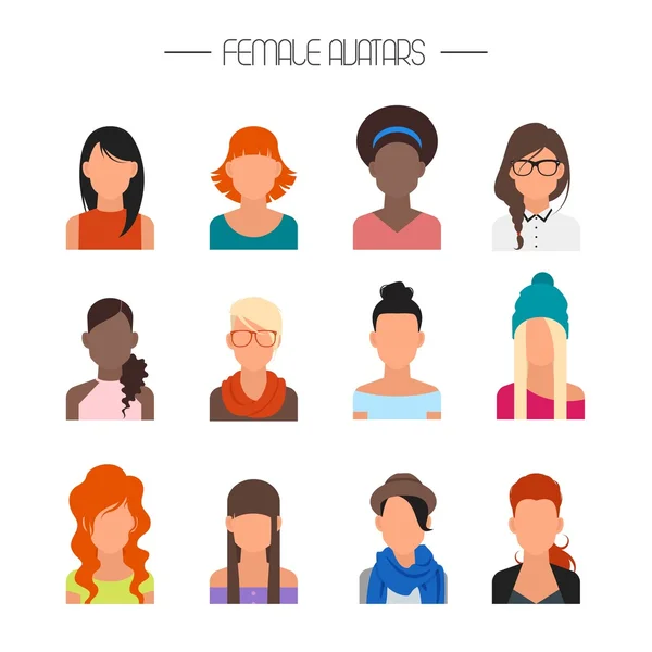 Female avatar icons vector set. People characters in flat style. Design elements isolated on background. — Stock Vector