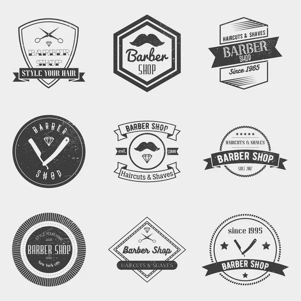 Barbeiro loja logotipo vetor definido em estilo vintage. Elementos de design, rótulos, emblemas e emblemas —  Vetores de Stock