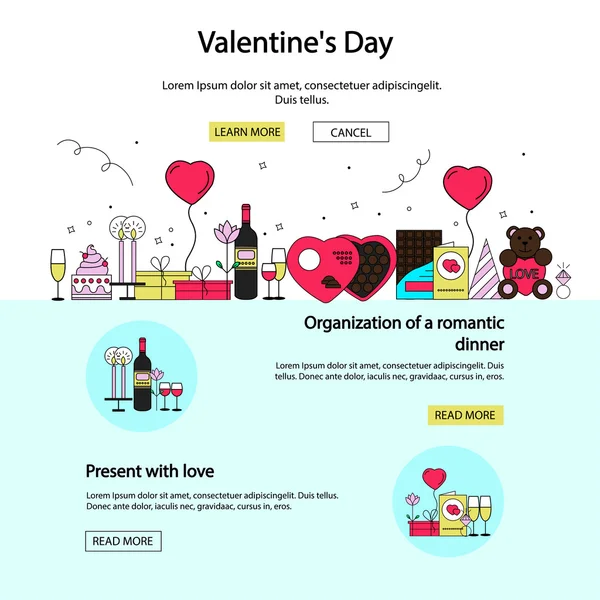 Valentines day posters and banners in flat style. Ornaments, hearts, ribbon. Vector holiday background — Stockový vektor