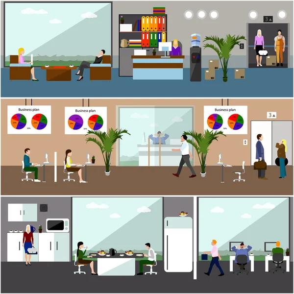 Conception plate de gens d'affaires ou de travailleurs de bureau. Présentation et réunion d'affaires. Intérieur de bureau . — Image vectorielle