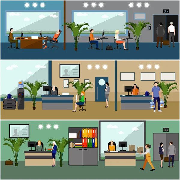 Diseño plano de gente de negocios o trabajadores de oficina. Sala de recepción de la empresa. Interior de oficina . — Vector de stock