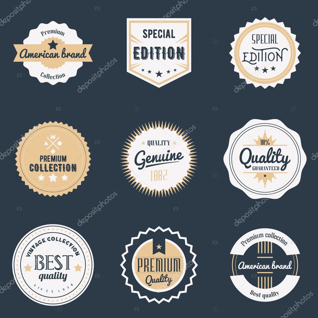 Premium quality labels set. Brands design elements, emblems, logo, badges and stickers. Isolated vector illustration