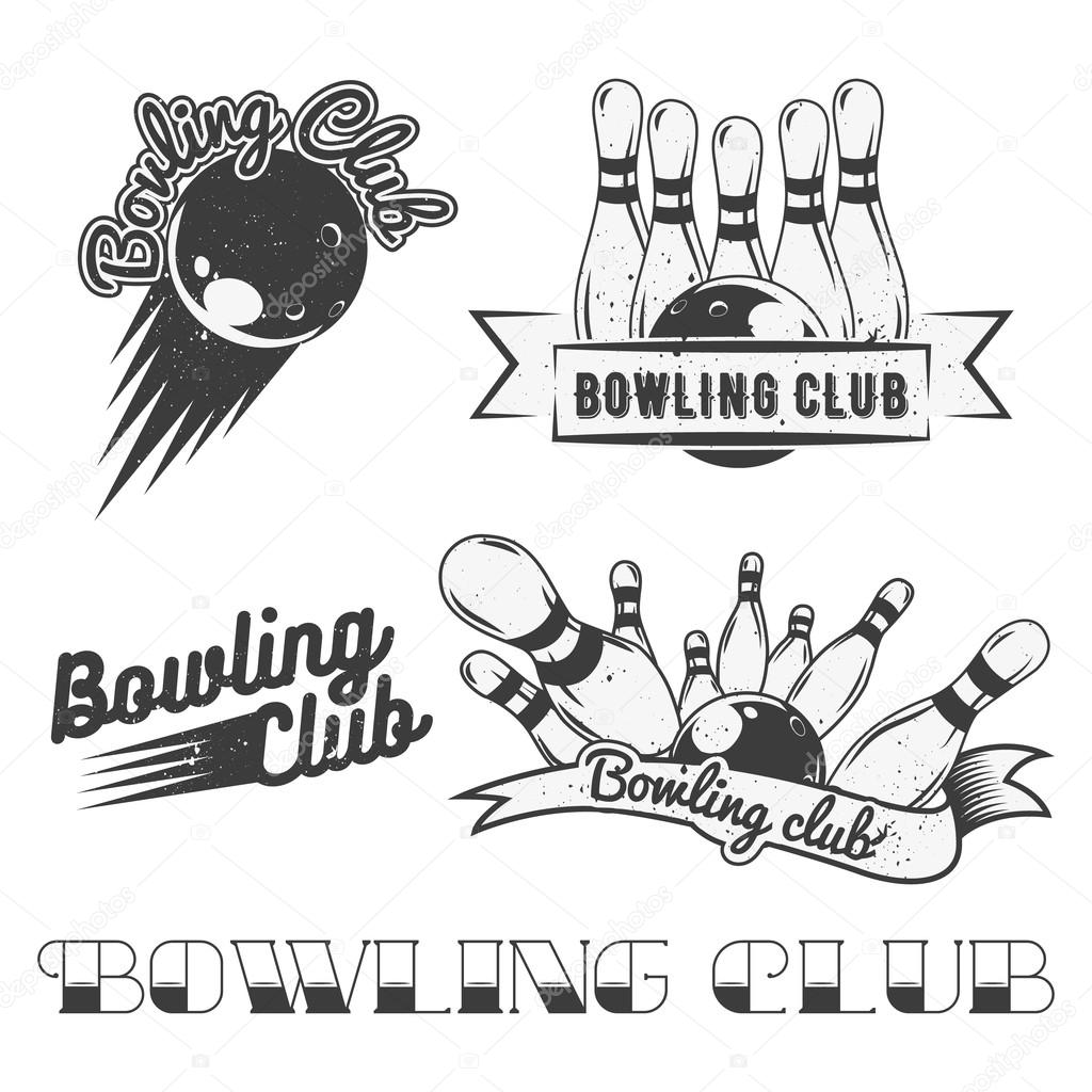 Bowling club logo vector set in vintage style. Design elements, labels, badges and emblems. Strike, balls, ninepins