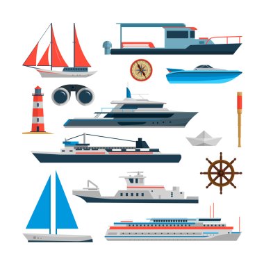 Sea vector set of ships, boats and yacht isolated on white background. Marine transport design elements, icons in flat style