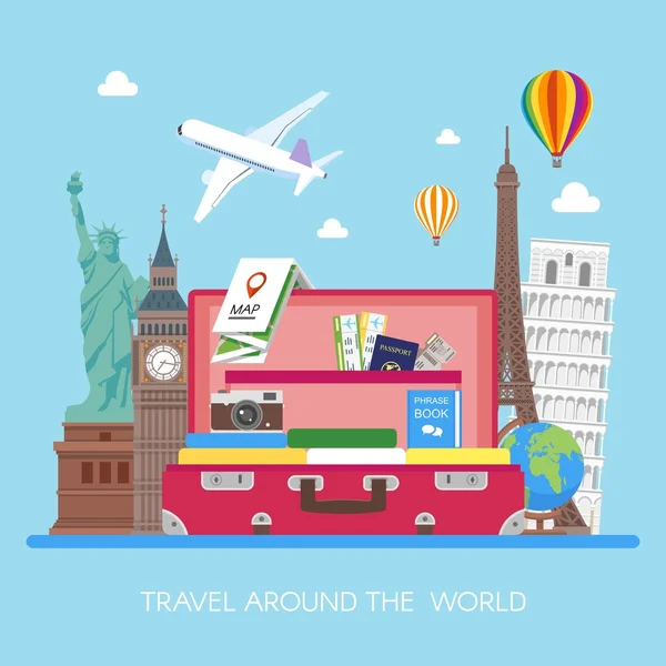 Travel concept vector illustration in flat style design. Airplane flying above tourists luggage — ストックベクタ