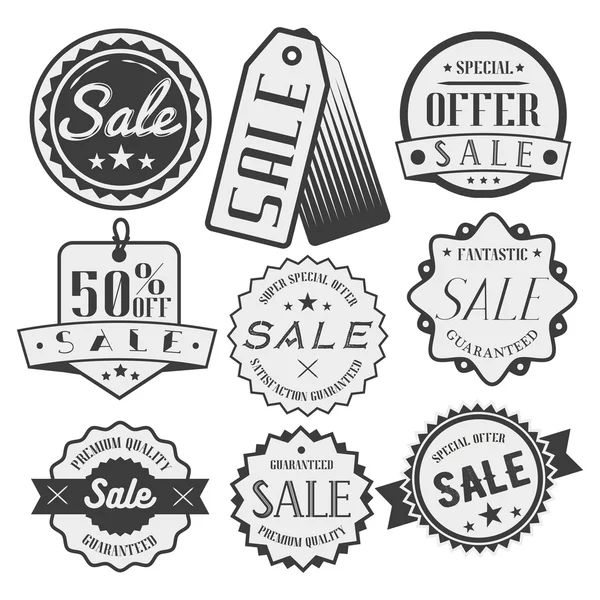 Set vettoriale di etichette di vendita e sconto, badge, tag, icone. Offerta speciale. Emblemi, adesivi in stile monocromatico . — Vettoriale Stock