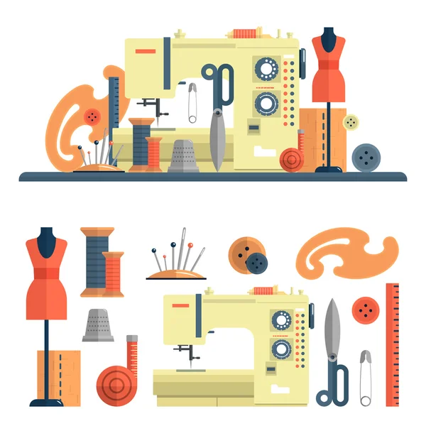 Sewing machine, accessories for dressmaking and handmade fashion. Vector set of flat icons, isolated design elements — 图库矢量图片