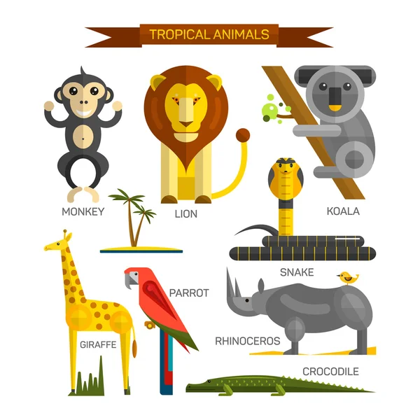 Tropical animals vector set in flat style design. Jungle birds, mammals and predators. Zoo cartoon icons collection — Stok Vektör