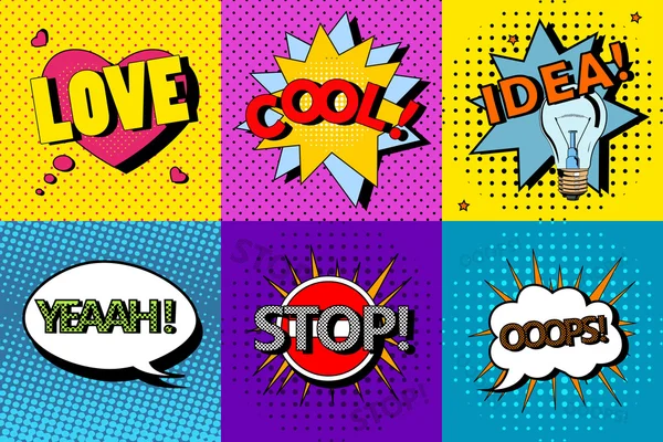 Vector set of comic speech bubbles in pop art style. Design elements, text clouds, message templates — 스톡 벡터