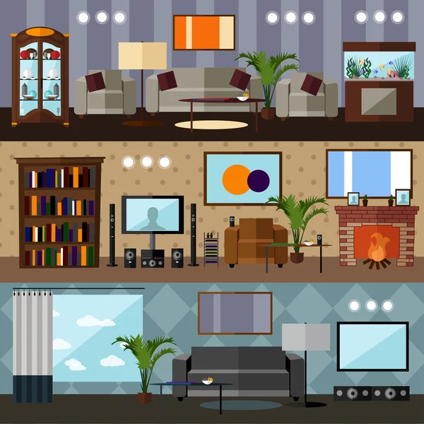 Wohnzimmereinrichtung mit Möbeln. Konzeptvektorillustration im flachen Stil. — Stockvektor