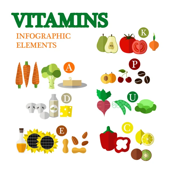 Alimento saludable con vitaminas concepto vector ilustración en el diseño de estilo plano. Hortalizas y frutas aisladas sobre fondo blanco — Vector de stock