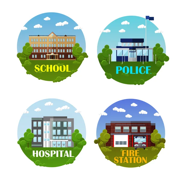 Edificios de la ciudad icono vectorial conjunto en estilo plano. Elementos y emblemas de diseño. Escuela, departamento de policía, hospital, estación de bomberos — Vector de stock