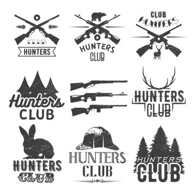 Club etiketleri vintage tarzı avcılık vektör kümesi. Logo tasarım öğeleri, amblemler, rozetleri, AVI