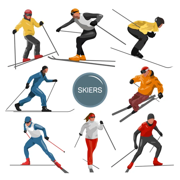Serie di sciatori vettoriali. Persone sci elementi di design isolati su sfondo bianco. Silhouette sportive invernali in diverse pose — Vettoriale Stock