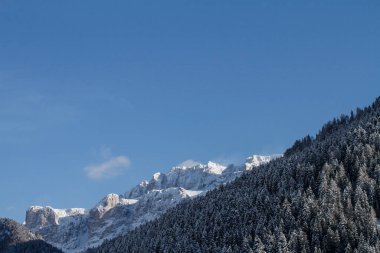 Sella Dağı kışın, Selva di Val Gardena 'nın üzerinde karla kaplı ön planda orman ve en üstteki uzayı kopyala