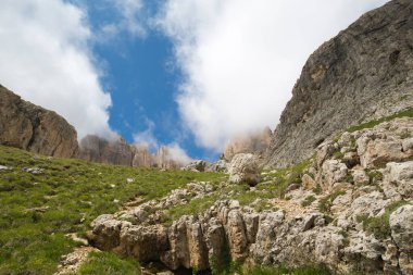 Sass Pordoi, Sella Dağı 'nda, güneşli güzel bir günde, çimenli bir yerde. Arka planda Dolomite Dağı