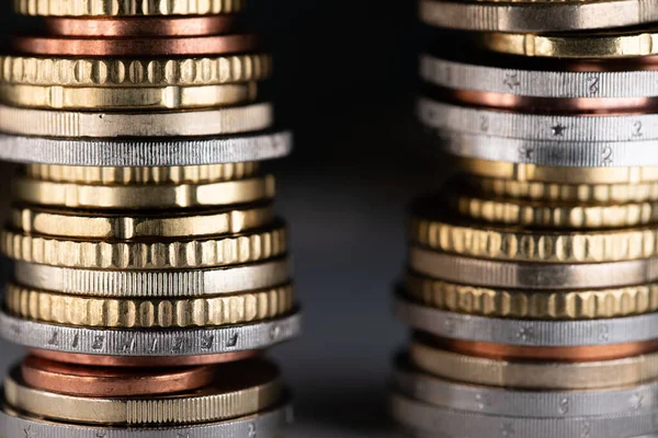 Two Stacked Euro Coin Towers Next Each Other Dark Background — Stock Photo, Image
