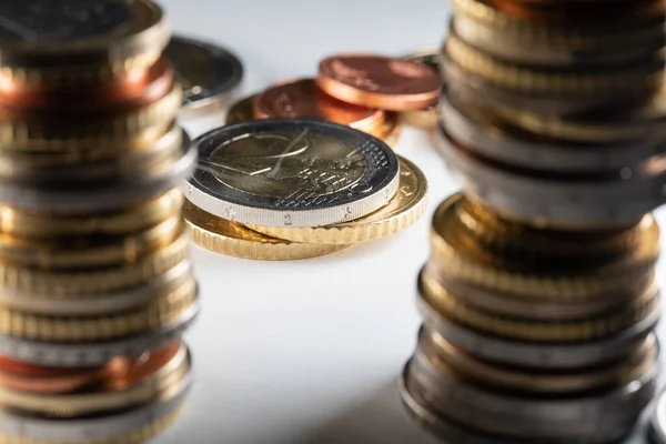 Pile Euro Coins White Background Different Coins Two Euro Coin — Stock Photo, Image