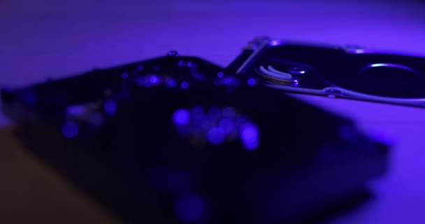 Closeup Hard Drive Pulling Focus Hard Disk Blue Light — Stock Video