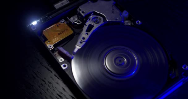 Starting Stopping Hard Disk Platter Open Hard Drive Closeup Technology — Stock Video