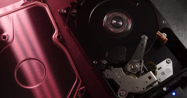 Spinning Hard Drive Open Case Stopping Red Light Storage Technology — Stock Video