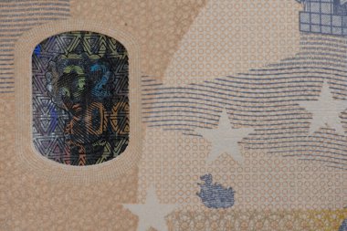 200 Euro 'luk banknot. Sarı Avrupa Banknotları. Avrupa Merkez Bankası para birimi. Para Üzerine Hologram