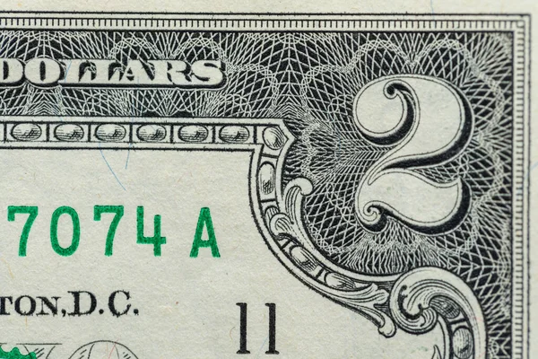 Nahaufnahme Zwei Dollar Bill Seltene Amerikanische Usd Banknote Dollar Scheine — Stockfoto