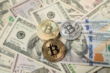 Bitcoin ve dolar sikkeleri, BTC paralı USD, fiat parasının aksine dijital para birimi