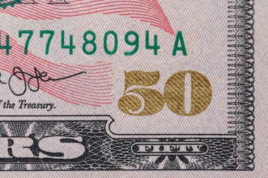 Kapanış 50 dolarlık banknot. 50 dolarlık bir geçmişi var. Birleşik Devletler dolarları.