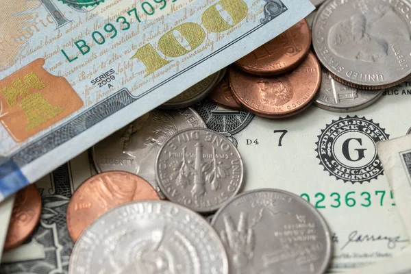 US Dollar Currency, Coins and Banknotes of Federal Reserve System. Dollar Cash piled up.