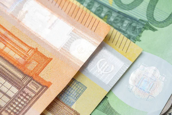 Billete Euros Colores Naranja Cincuenta Euros Amarillo 200 Euros Billetes — Foto de Stock