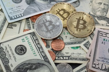 Dolar banknotlarındaki bitcoin paralar, elli yüz dolar. ABD Para Birimi ve BTC Kripto para birimi