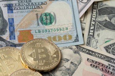 100 dolarlık banknotlarda Bitcoin. Bitcoin esprisi Amerikan doları ticareti. Engelleme teknolojisi.