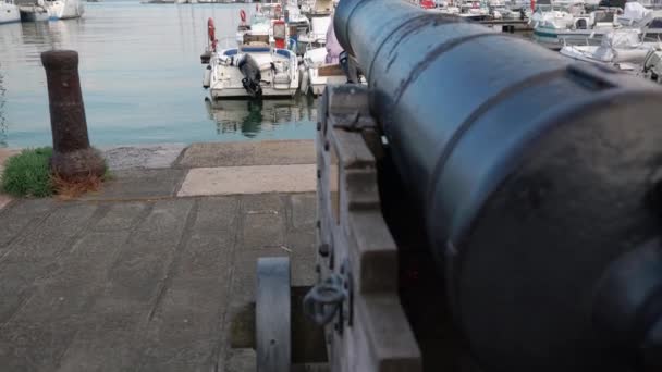 Spezia Italia Junio 2021 Cañón Grande Puerto Spezia Barcos Fondo — Vídeo de stock